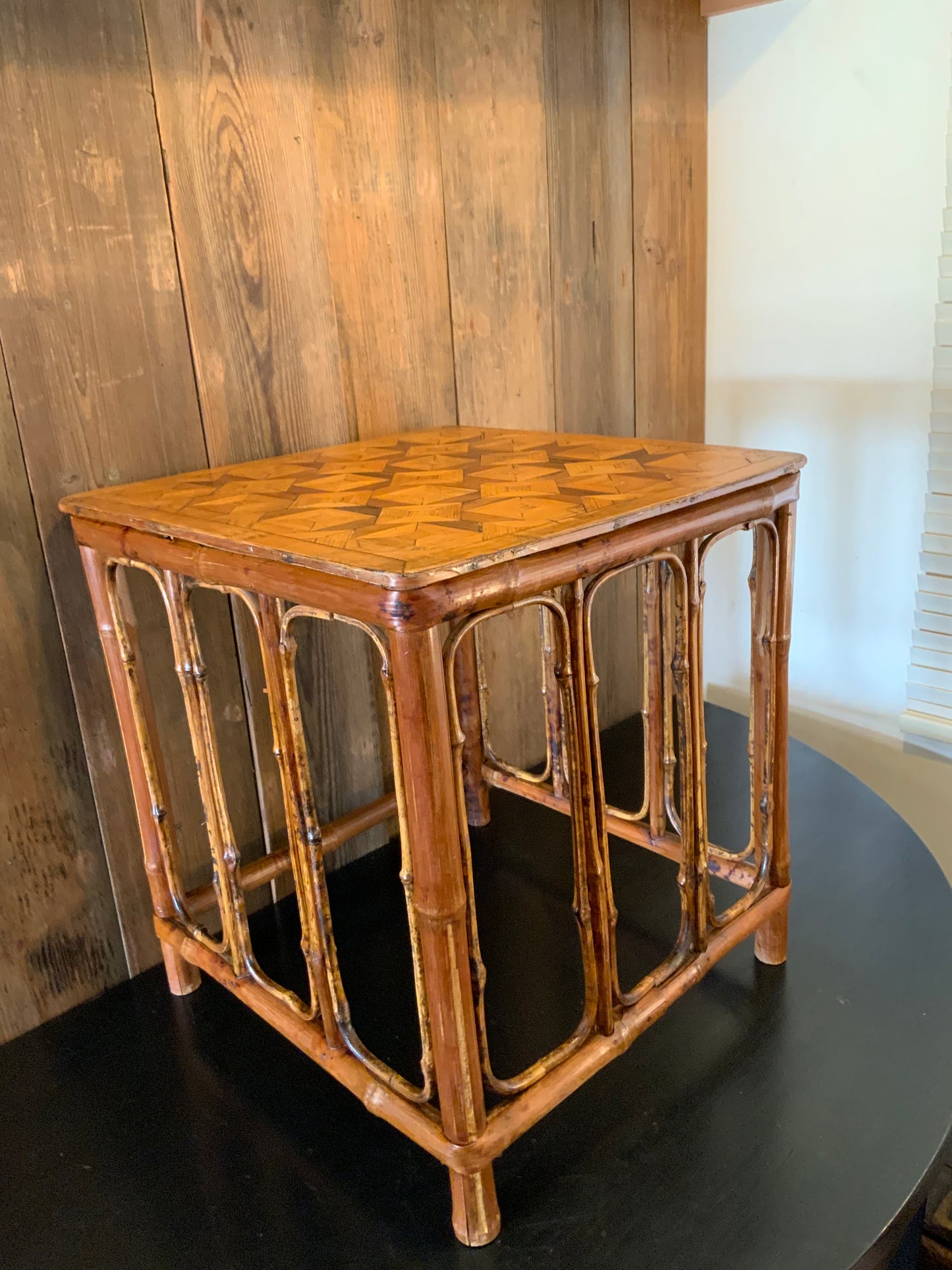 English bamboo and marquetry side table