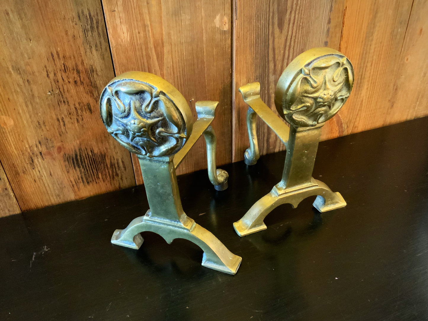 English antique brass fire dogs