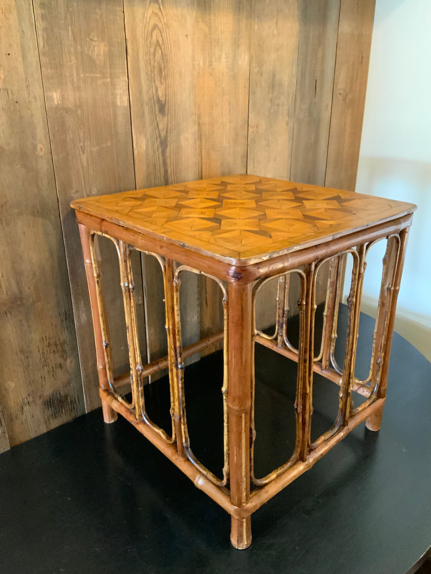 English bamboo and marquetry side table