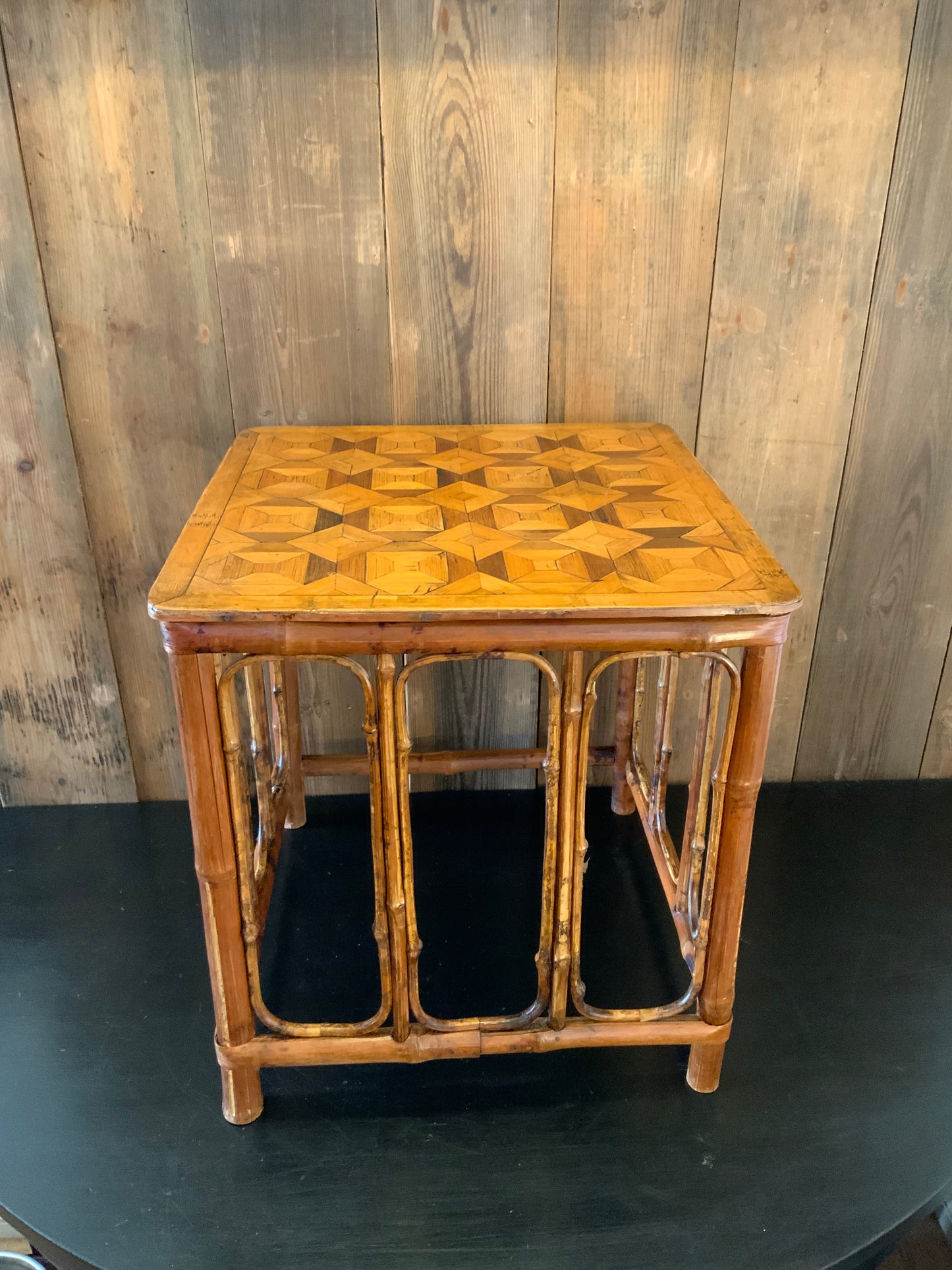 English bamboo and marquetry side table