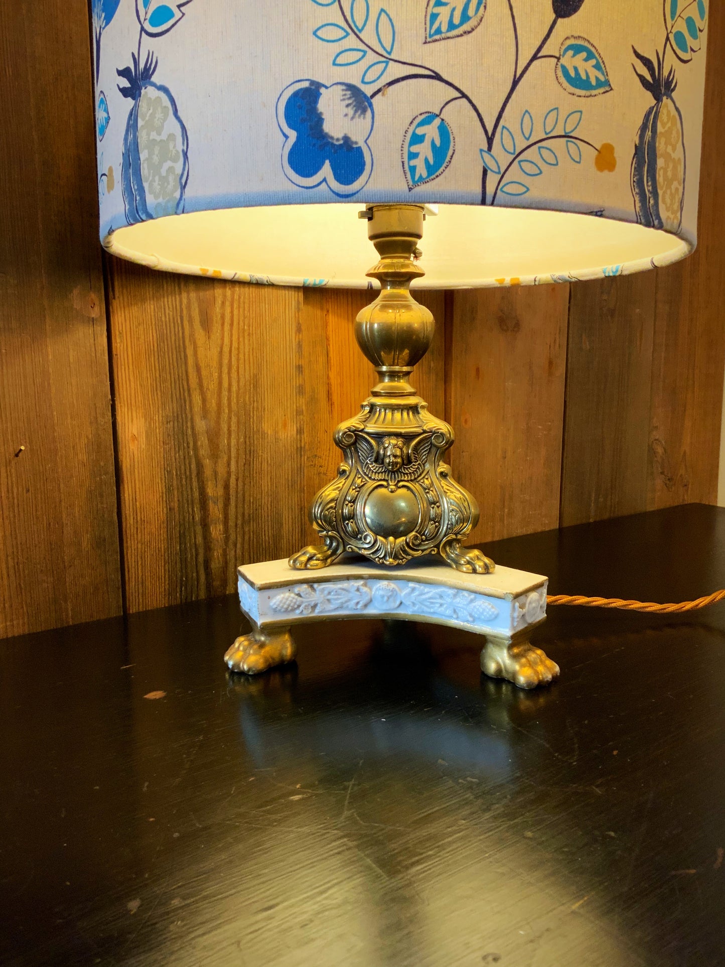 French ceramic and brass lamp