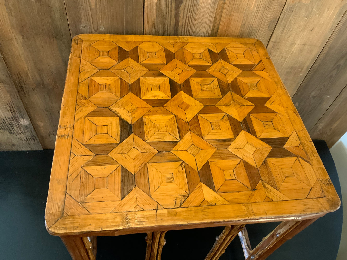 English bamboo and marquetry side table