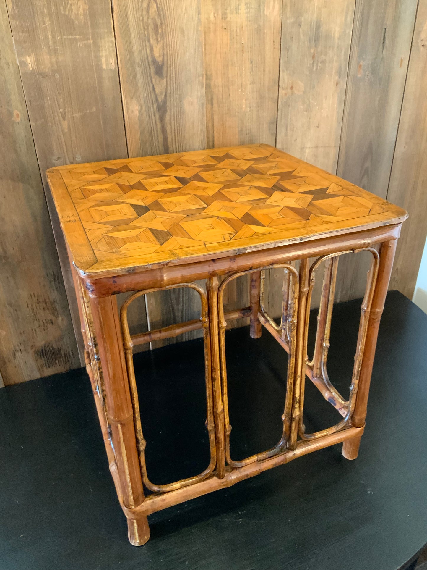 English bamboo and marquetry side table